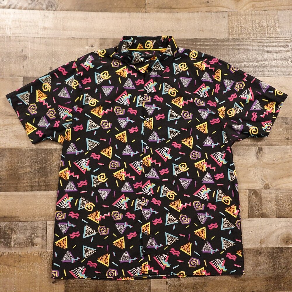 Drill Clothing Company Stretch Button Up Shirt Men’s XL Black Retro Geo 80s 90s